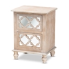 Baxton Studio Celia Transitional Rustic French Country White-Washed Wood and Mirror 2-Drawer Quatrefoil End Table Baxton Studio restaurant furniture, hotel furniture, commercial furniture, wholesale living room furniture, wholesale end table, classic end table