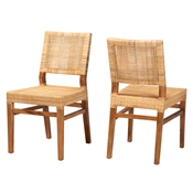 bali & pari Lesia Modern Bohemian Natural Brown Rattan and Walnut Brown Mahogany Wood 2-Piece Dining Chair Set Baxton Studio restaurant furniture, hotel furniture, commercial furniture, wholesale dining room furniture, wholesale dining chairs, classic dining chairs