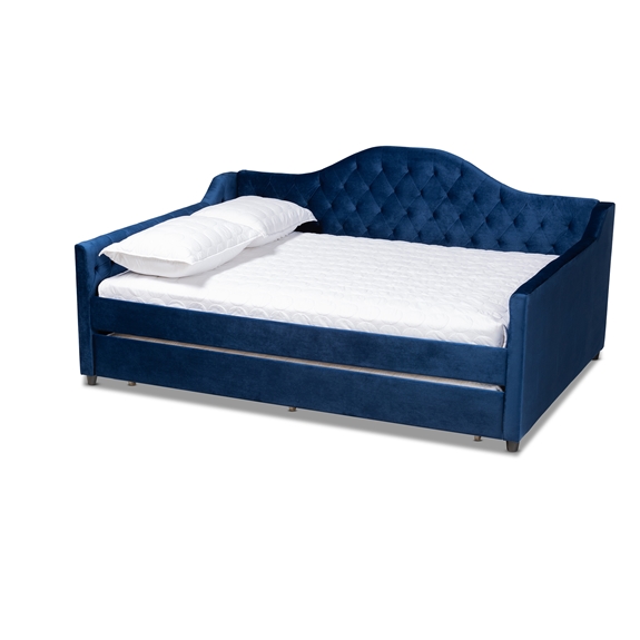 Baxton Studio Perry Modern and Contemporary Navy Blue Velvet Fabric Upholstered and Button Tufted Queen Size Daybed with Trundle