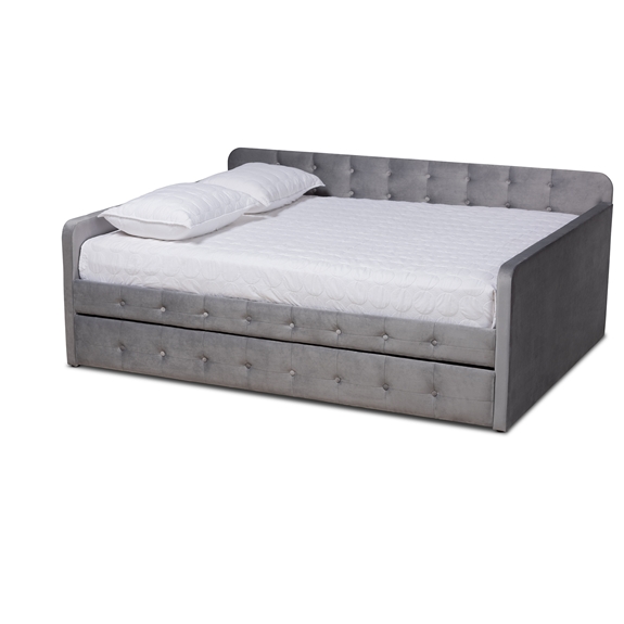 Baxton Studio Jona Modern and Contemporary Transitional Grey Velvet Fabric Upholstered and Button Tufted Full Size Daybed with Trundle