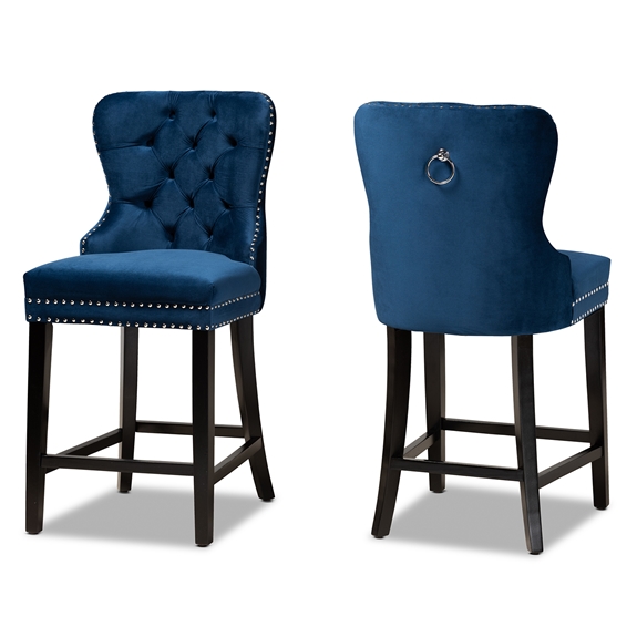Baxton Studio Howell Modern Transitional Navy Blue Velvet Upholstered and Dark Brown Finished Wood 2-Piece Counter Stool Set