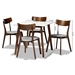 Baxton Studio Reba Mid-Century Modern Light Grey Fabric Upholstered and Walnut Brown Finished Wood 5-Piece Dining Set with Faux Marble Dining Table - Reba-Smoke/Walnut-5PC Dining Set