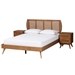 Baxton Studio Asami Mid-Century Modern Walnut Brown Finished Wood and Woven Rattan Queen Size 3-Piece Bedroom Set