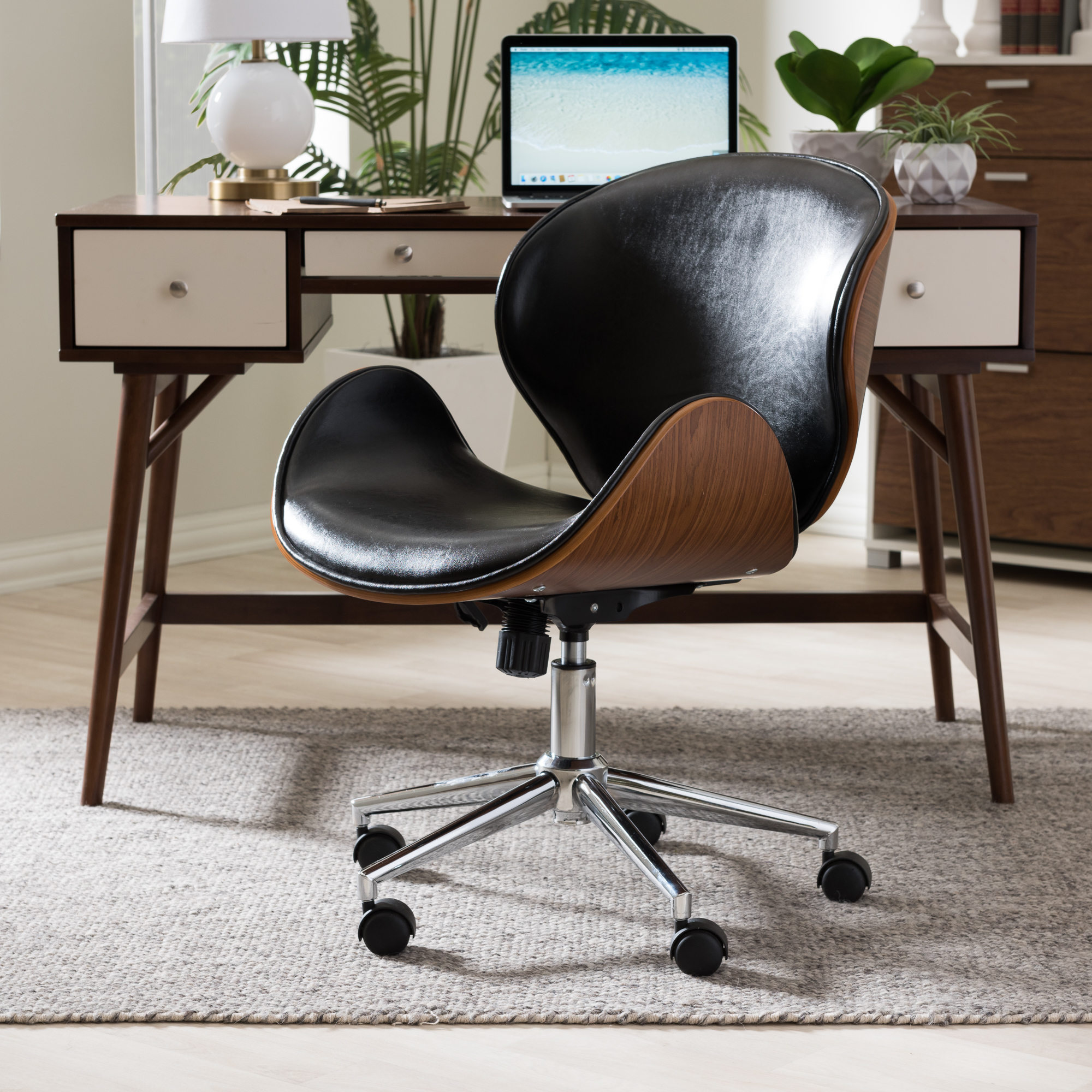 Bruce Modern Two-Tone Faux Leather Walnut-Finish Wood Armless Office