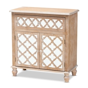 Baxton Studio Leah Glam Farmhouse Rustic Oak Brown Finished Wood and Mirrored 1-Drawer Quatrefoil Storage Cabinet Baxton Studio restaurant furniture, hotel furniture, commercial furniture, wholesale living room furniture, wholesale storage cabinet, classic storage cabinet