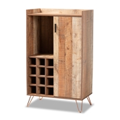 Baxton Studio Mathis Modern and Contemporary Rustic Brown Finished Wood and Rose Gold Finished Metal Wine Storage Cabinet Baxton Studio restaurant furniture, hotel furniture, commercial furniture, wholesale wine cabinet, wholesale wine cabinet, classic wine cabinet
