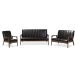 Baxton Studio Nikko Mid-century Modern Scandinavian Style Black Faux Leather 3 Pieces Living Room Sets - BBT8011A2-Black 3PC Set