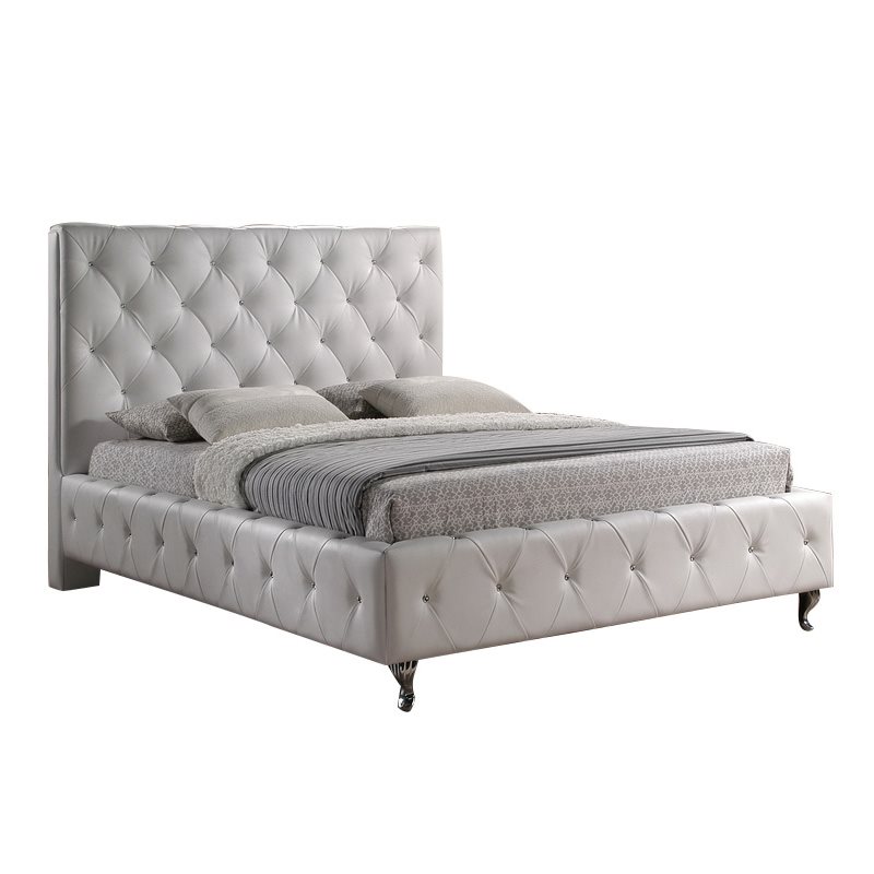 Baxton Studio Stella Crystal Tufted White Modern Bed with Upholstered