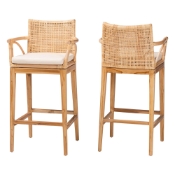 bali & pari Storsel Bohemian Natural Rattan and Teak Wood 2-Piece Bar Stool Set Baxton Studio restaurant furniture, hotel furniture, commercial furniture, wholesale bar furniture, wholesale bar stools, classic bar stools