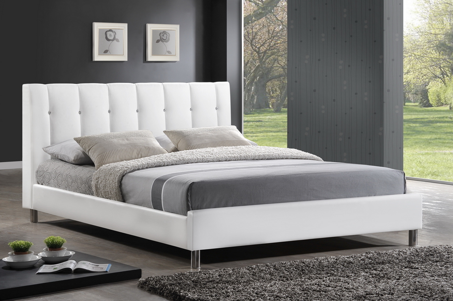 Baxton Studio Vino White Modern Bed, Annette Designer Queen Bed With Upholstered Headboard In Grey