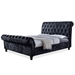 Baxton Studio Castello Black Velvet Upholstered Faux Crystal-Buttoned Sleigh Queen Platform Bed