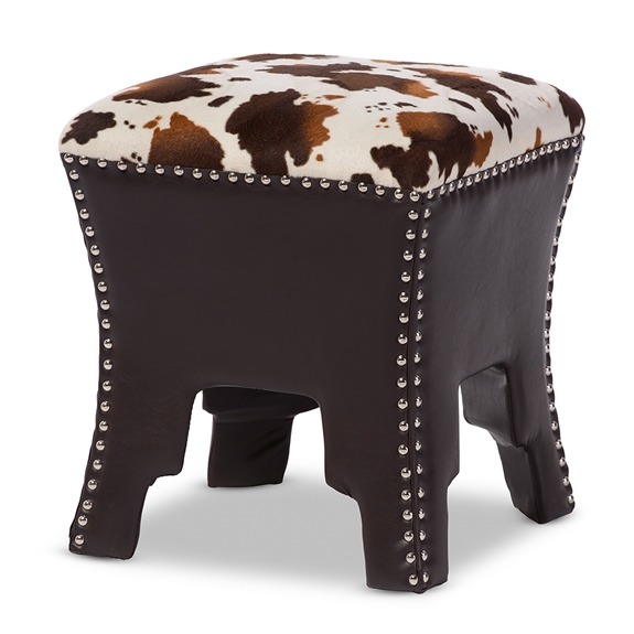 Baxton Studio Sally Modern and Contemporary Cow-print Patterned Fabric Brown Faux Leather Upholstered Accent Stool with Nail heads
