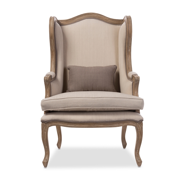 Baxton Studio Oreille French Provincial Style White Wash Distressed Two-tone Beige Upholstered Armchair