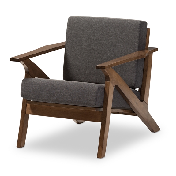 Baxton Studio Cayla Mid-Century Modern Grey Fabric and "Walnut" Brown Wood Living Room 1-Seater Lounge Chair