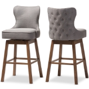 Baxton Studio Gradisca Modern and Contemporary Brown Wood Finishing and Grey Fabric Button-Tufted Upholstered Swivel Barstool