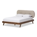 Baxton Studio Penelope Mid-Century Modern Solid Walnut Wood Light Beige Fabric Upholstered Queen Size Platform Bed