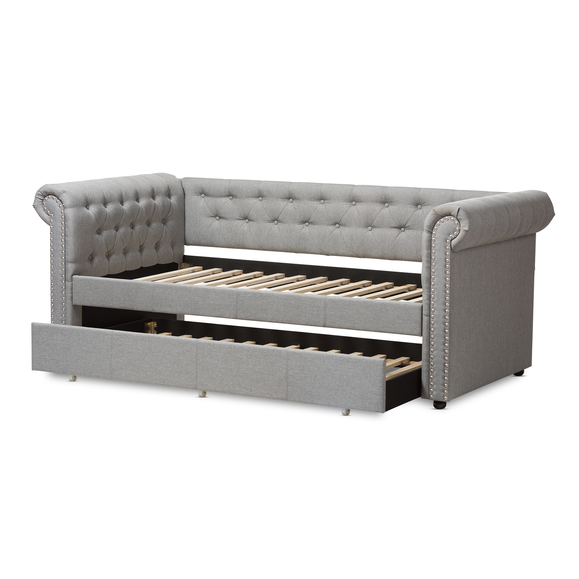 Mabelle Button-Tufted Gray Rolled Arms Sofa Daybed Bed Frame w/ Pull ...