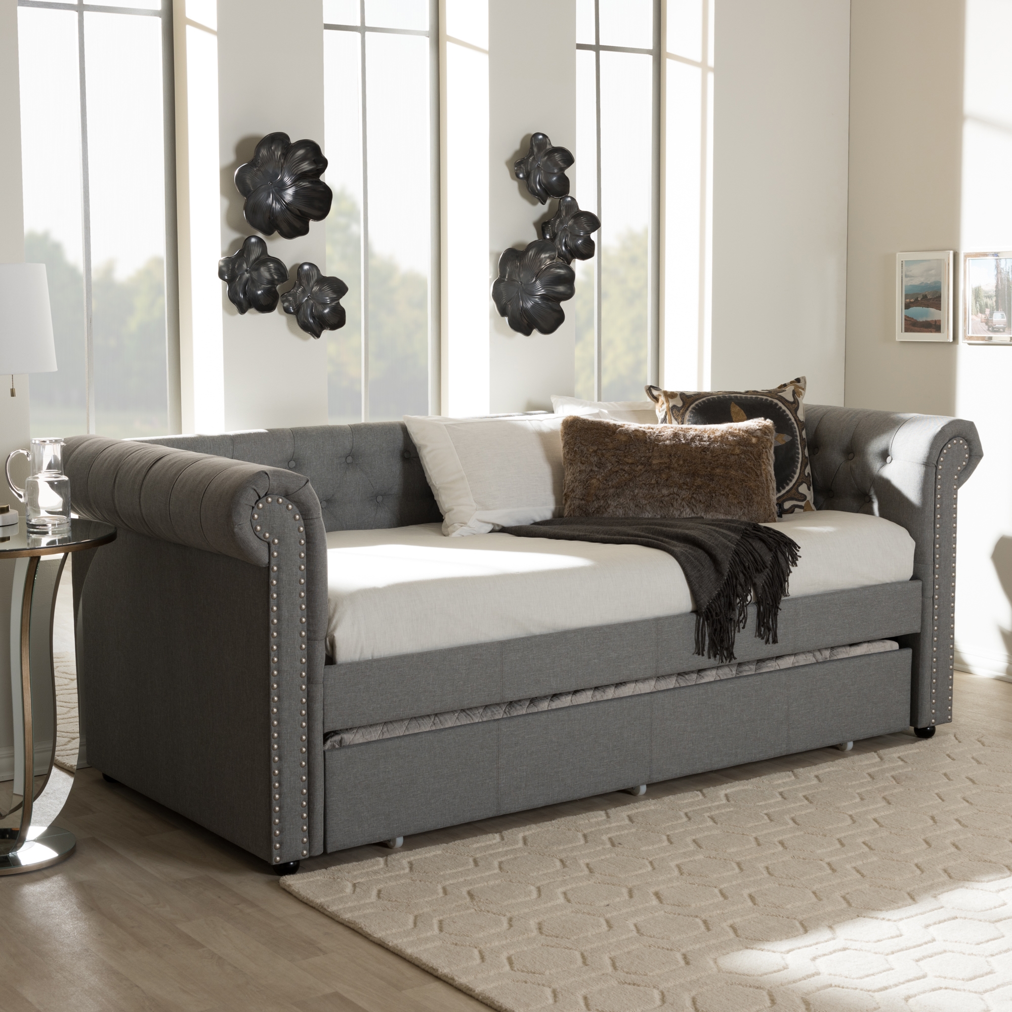 Mabelle Button Tufted Gray Rolled Arms Sofa  Daybed  Bed 