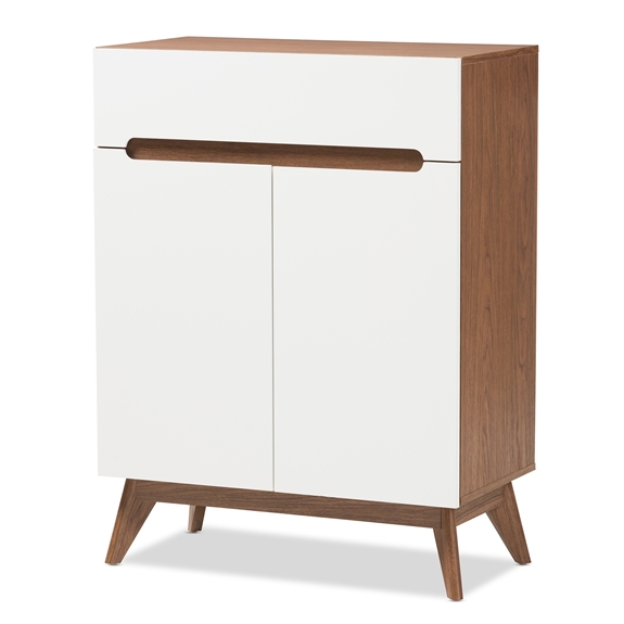 Baxton Studio Calypso Mid-Century Modern White and Walnut Wood Storage Shoe Cabinet