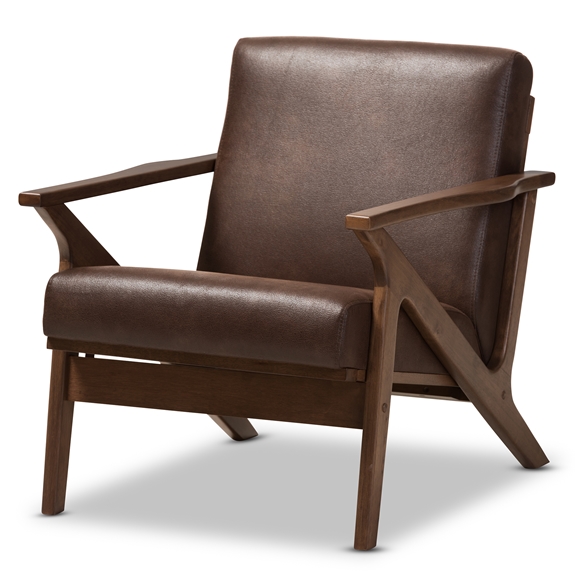 Baxton Studio Bianca Mid-Century Modern Walnut Wood Dark Brown Distressed Faux Leather Lounge Chair