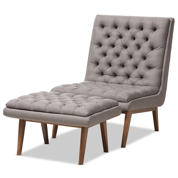 Baxton Studio Annetha Mid-Century Modern Grey Fabric Upholstered Walnut Finished Wood Chair And Ottoman Set