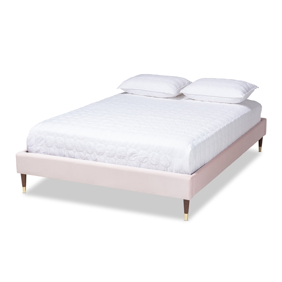 Baxton Studio Volden Glam and Luxe Light Pink Velvet Fabric Upholstered Full Size Wood Platform Bed Frame with Gold-Tone Leg Tips