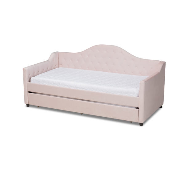 Baxton Studio Perry Modern and Contemporary Light Pink Velvet Fabric Upholstered and Button Tufted Twin Size Daybed with Trundle