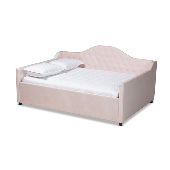 Baxton Studio Perry Modern and Contemporary Light Pink Velvet Fabric Upholstered and Button Tufted Queen Size Daybed