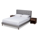 Baxton Studio Maren Mid-Century Modern Light Grey Fabric Upholstered Full Size Platform Bed with Two Nightstands