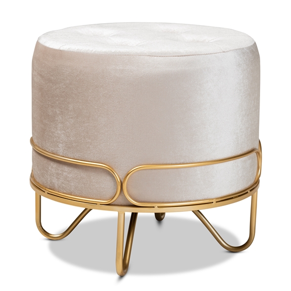 Baxton Studio Lucienne Glam and Luxe Beige Velvet Fabric Upholstered Gold Finished Metal Ottoman