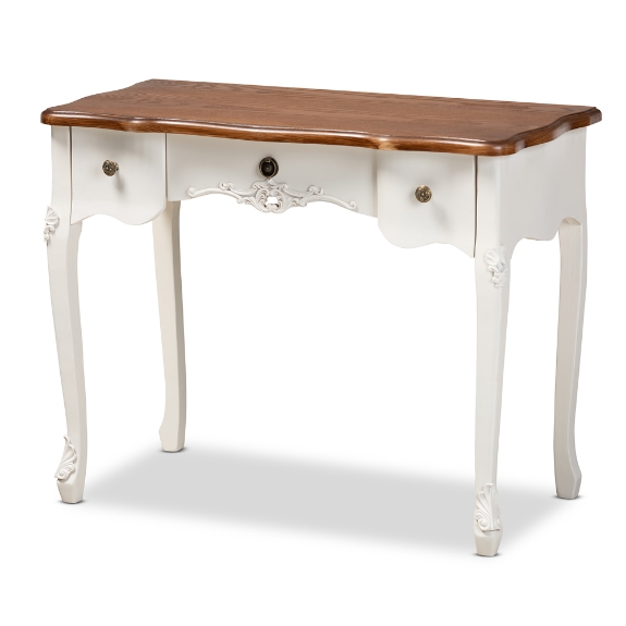 Baxton Studio Sophie Classic Traditional French Country White and Brown Finished Small 3-Drawer Wood Console Table