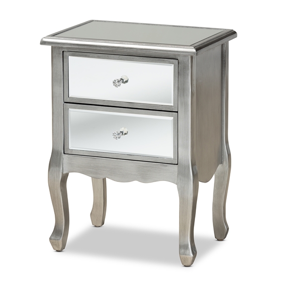 Baxton Studio Leonie Modern Transitional French Brushed Silver Finished Wood and Mirrored Glass 2-Drawer End Table