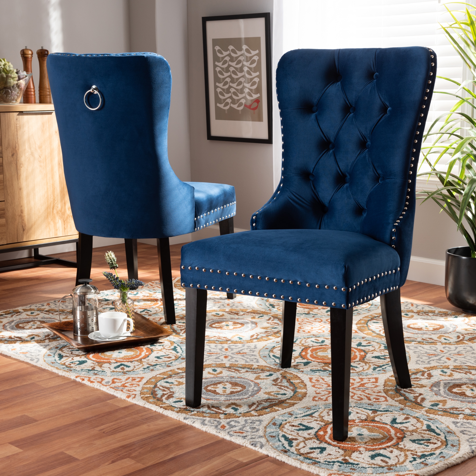 Velvet Cloth Chair Coffee Chair Solid Wood Dining Chair 2 Blue 26.4x18.5x38.6" 