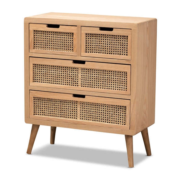 Baxton Studio Alina Mid-Century Modern Medium Oak Finished Wood and Rattan 4-Drawer Storage Cabinet