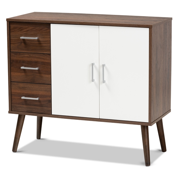 Baxton Studio Leena Mid-Century Modern Two-Tone White and Walnut Brown Finished Wood 3-Drawer Sideboard Buffet