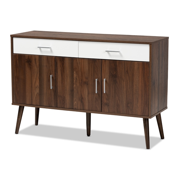 Baxton Studio Leena Mid-Century Modern Two-Tone White and Walnut Brown Finished Wood 2-Drawer Sideboard Buffet