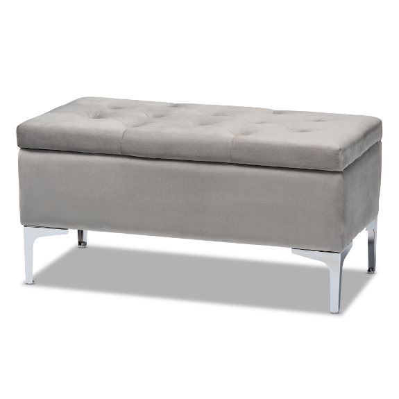 Baxton Studio Mabel Modern and Contemporary Transitional Grey Velvet Fabric Upholstered Silver Finished Storage Ottoman