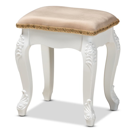 Baxton Studio Isabella Classic and Traditional French Beige Velvet Fabric Upholstered and White Finished Wood Ottoman Stool