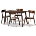 Baxton Studio Nori Mid-Century Modern Transitional Light Beige Fabric Upholstered and Walnut Brown Finished Wood 5-Piece Dining Set