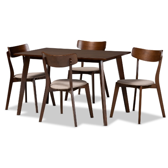 Baxton Studio Nori Mid-Century Modern Transitional Light Beige Fabric Upholstered and Walnut Brown Finished Wood 5-Piece Dining Set