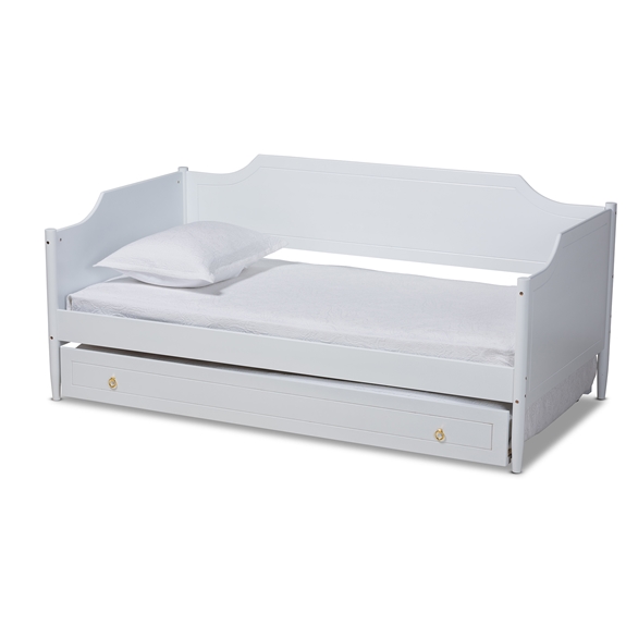 Baxton Studio Alya Classic Traditional Farmhouse White Finished Wood Twin Size Daybed with Roll-Out Trundle Bed