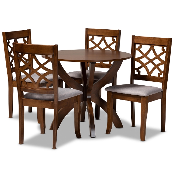 Baxton Studio Sandra Modern and Contemporary Grey Fabric Upholstered and Walnut Brown Finished Wood 5-Piece Dining Set