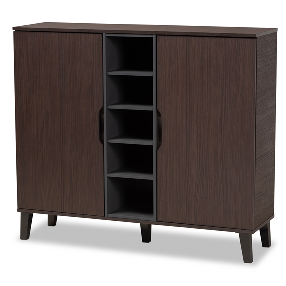 Baxton Studio Idina Mid-Century Modern Two-Tone Dark Brown and Grey Finished Wood 2-Door Shoe Cabinet