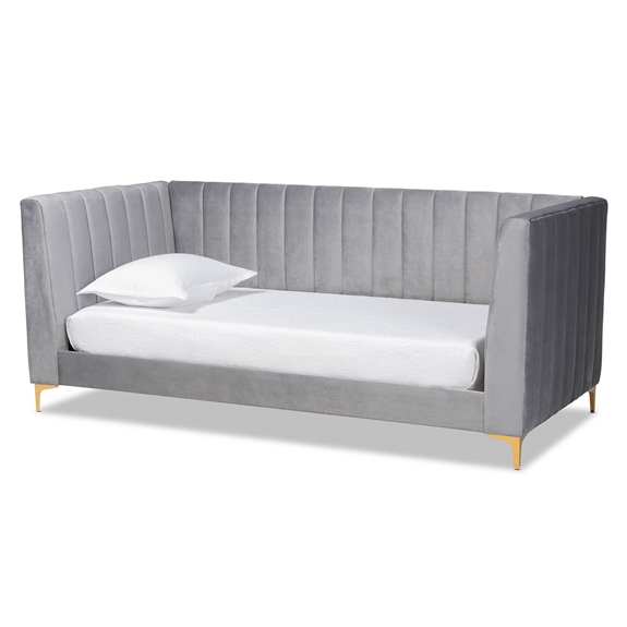 Baxton Studio Oksana Modern Contemporary Glam and Luxe Light Grey Velvet Fabric Upholstered and Gold Finished Twin Size Daybed
