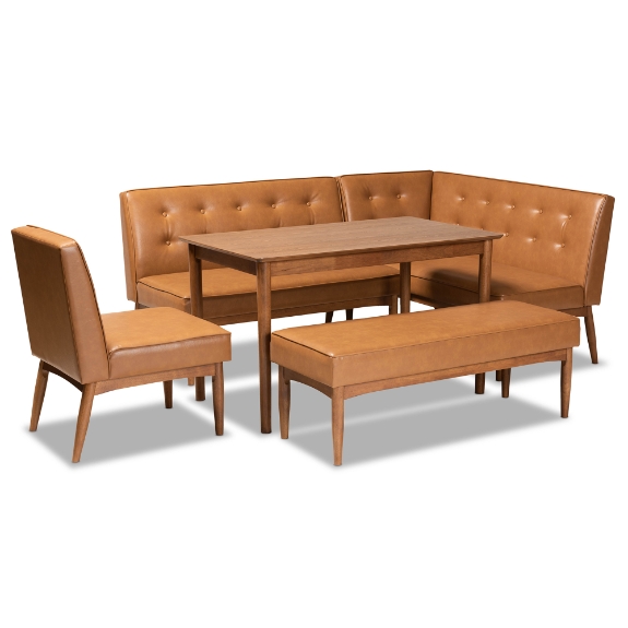 Baxton Studio Arvid Mid-Century Modern Tan Faux Leather Upholstered and Walnut Brown Finished Wood 5-Piece Dining Nook Set