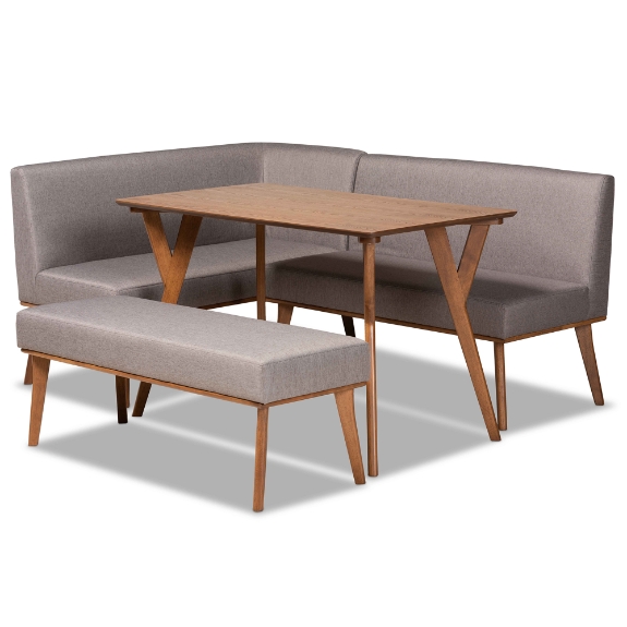 Baxton Studio Odessa Mid-Century Modern Grey Fabric Upholstered and Walnut Brown Finished Wood 4-Piece Dining Nook Set