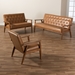 Baxton Studio Sorrento Mid-Century Modern Tan Faux Leather Upholstered and Walnut Brown Finished Wood 3-Piece Living Room Set - BBT8013-Tan 3PC Living Room Set