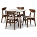 Baxton Studio Paras Mid-Century Modern Transitional Light Beige Fabric Upholstered and Walnut Brown Finished Wood 5-Piece Dining Set with Faux Marble Dining Table