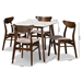 Baxton Studio Paras Mid-Century Modern Transitional Light Beige Fabric Upholstered and Walnut Brown Finished Wood 5-Piece Dining Set with Faux Marble Dining Table - Paras-Latte/Walnut-5PC Dining Set