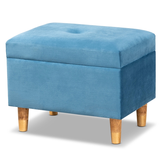 Baxton Studio Elias Modern and Contemporary Sky Blue Velvet Fabric Upholstered and Oak Brown Finished Wood Storage Ottoman